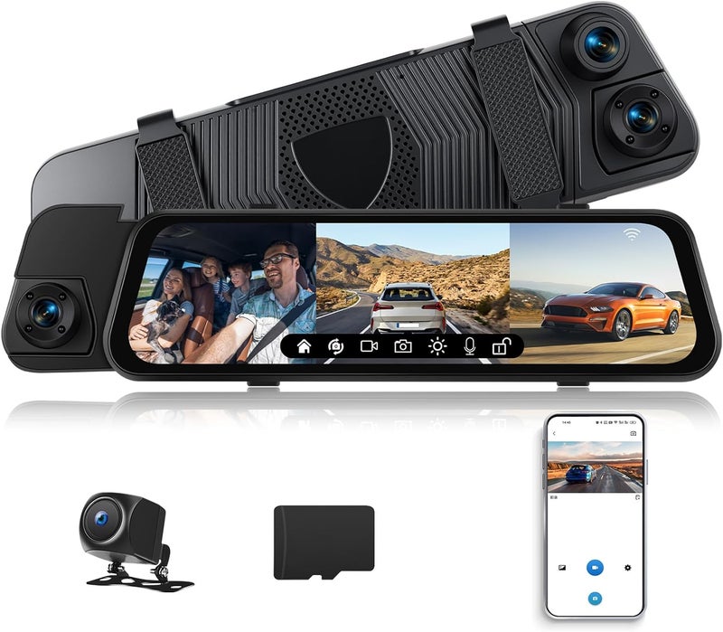 AMprime كاميرا مرآة داش 1080P بحجم 9.66 بوصة مع 3 قنوات للرؤية الأمامية والخلفية والداخلية - Image 1